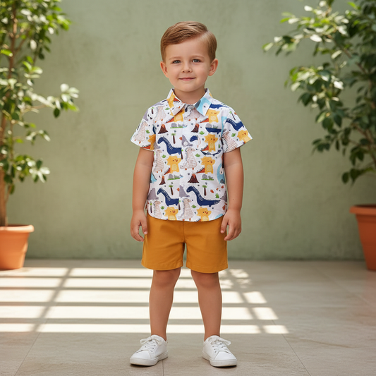 Dinosaur Print Shirt & Mustard Cotton Shorts Set