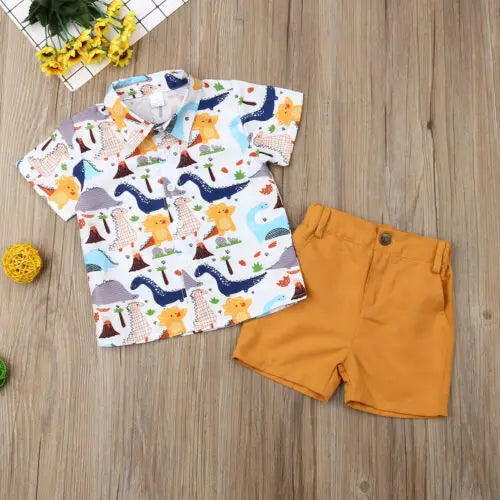 Dinosaur Print Shirt & Mustard Cotton Shorts Set