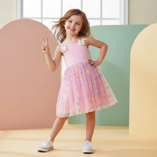 100% Cotton Pink Floral Tulle Dress With Bunny Applique Straps
