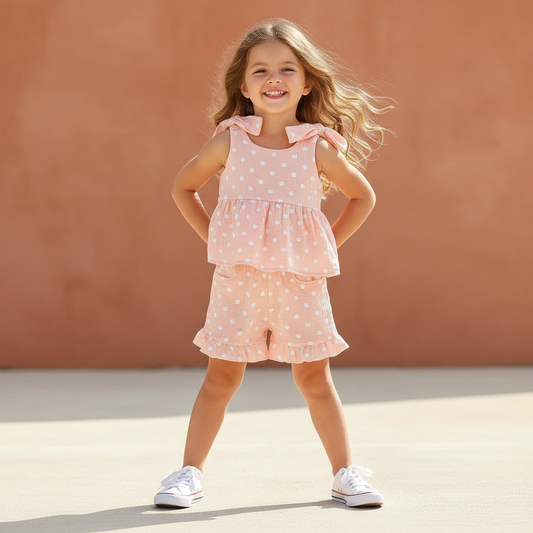 Pink Polka Dot Bow Tie Ruffle Top & Shorts Set