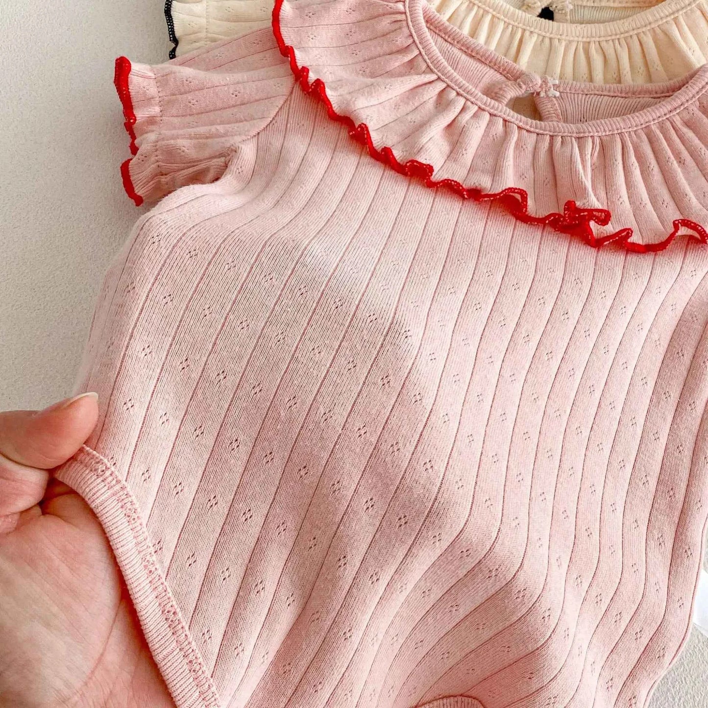 100% Cotton Ribbed Ruffle Collar Bodysuit Set Pink Cream Blue