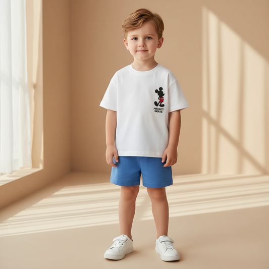 Cotton Inside Out & Mickey Mouse White Tshirts With Blue Shorts Set