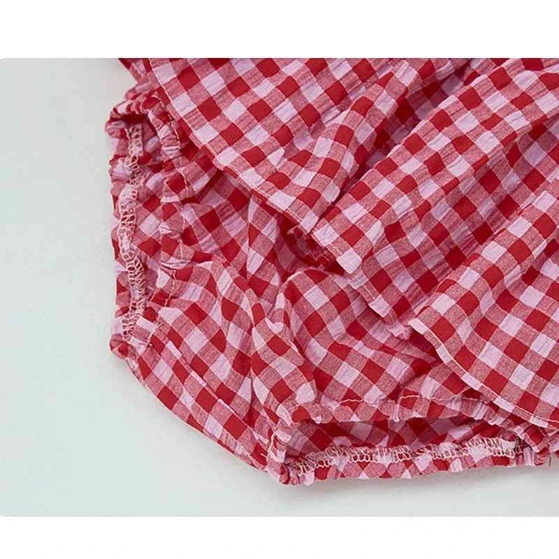 Cotton Red Cherry Tank Top & Plaid Skirt Bloomer Set