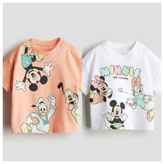 Cotton Mickey Mouse & Friends Cartoon Print Crewneck Tee