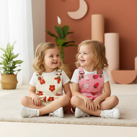Cotton Floral & Strawberry Adjustable Strap Short Overalls