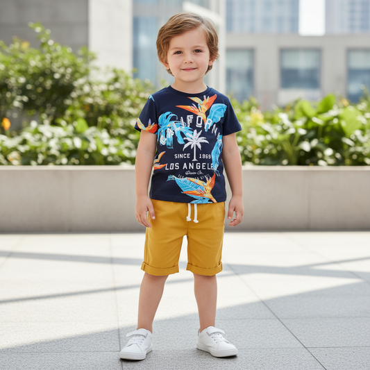 100% Cotton California Tropical Print Tee & Mustard Drawstring Shorts