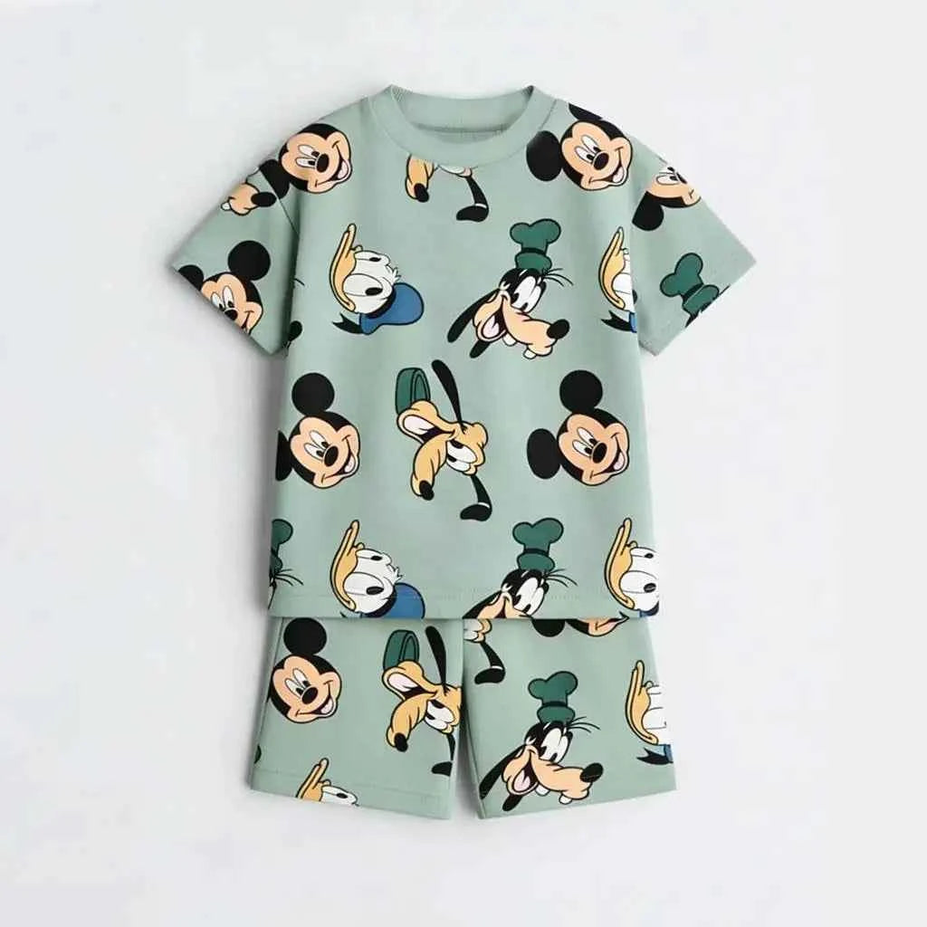 Cotton Mickey Donald Daisy Goofy Short Sleeve Tee & Shorts Set