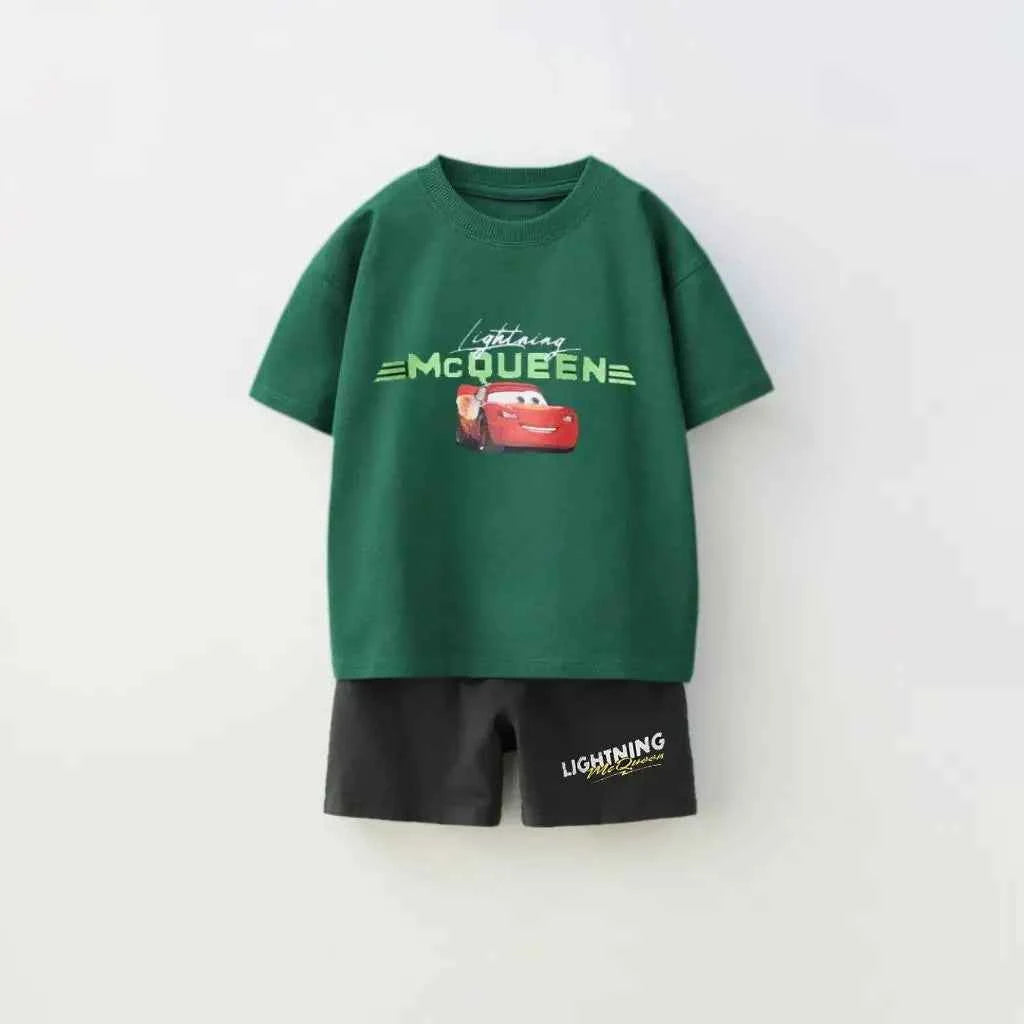 Cotton Lightning McQueen Cars Red & Green Tee Set With Shorts