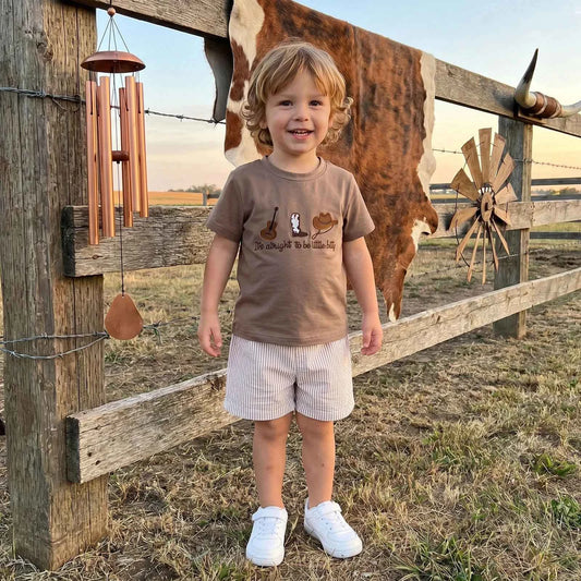 Cotton Brown Embroidered T-shirt & Striped Elastic Waist Shorts Set