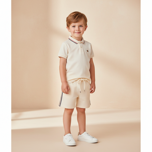 Cotton Cream Polo Shirt & Drawstring Shorts Set