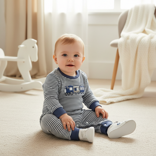 Cotton Striped Train Applique Romper With Snap Closures