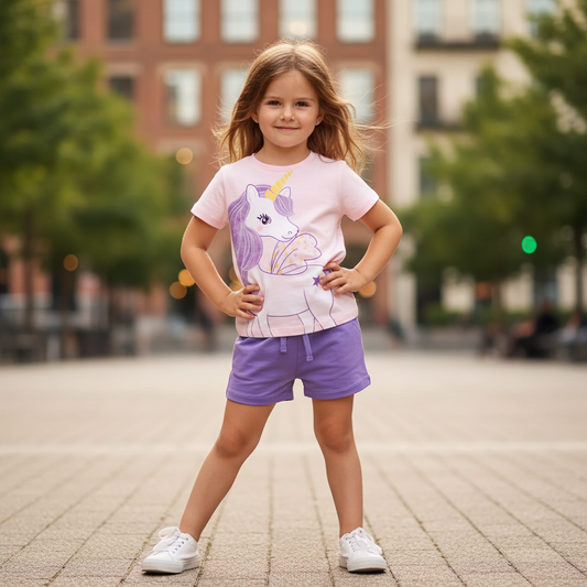 100% Cotton Unicorn Pink Tee & Purple Elastic Waist Shorts Set