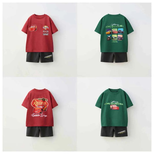 Cotton Lightning McQueen Cars Red & Green Tee Set With Shorts