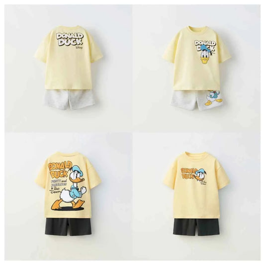 Cotton Donald Duck Yellow Tee & Grey/Black Shorts Set