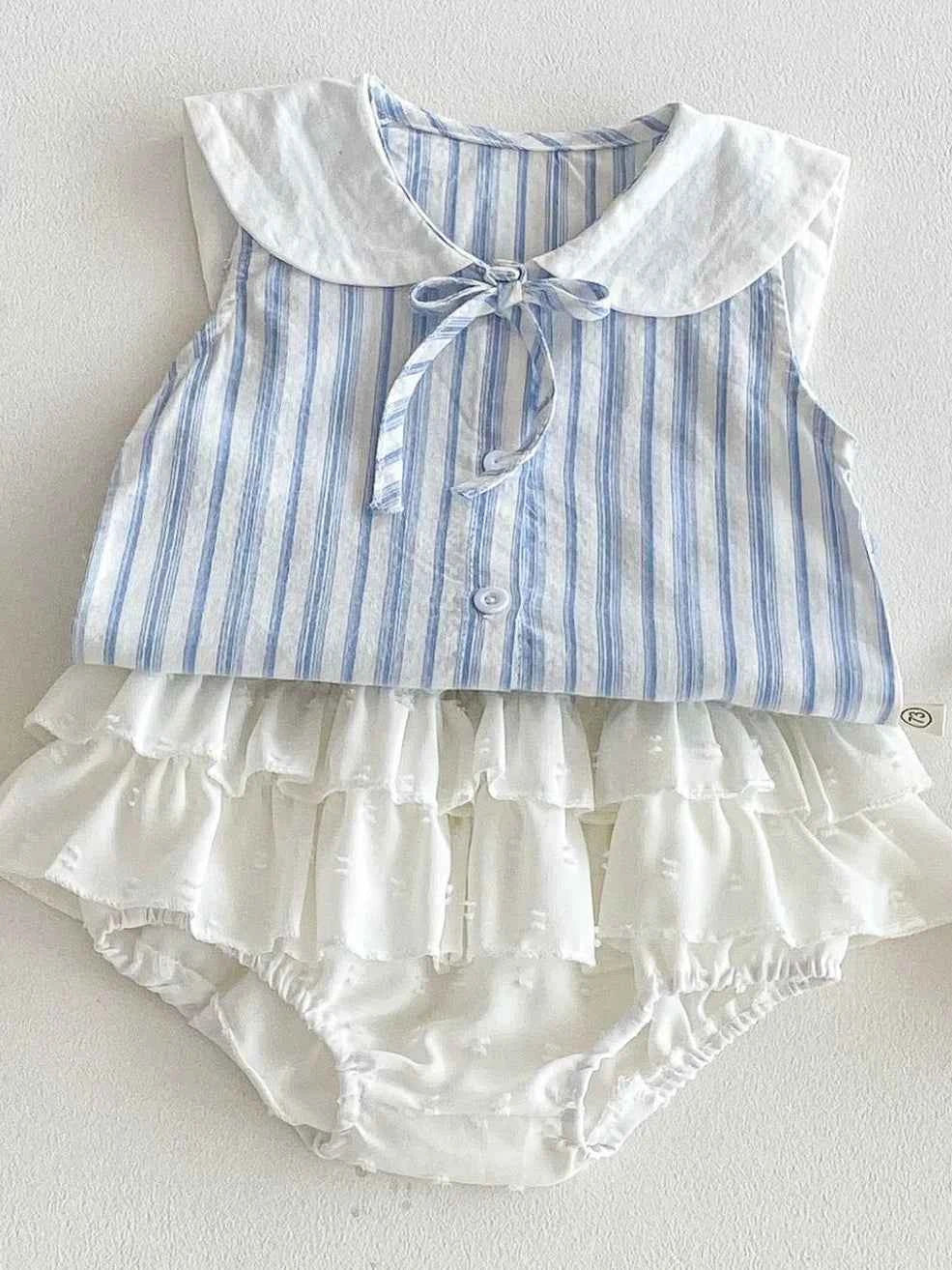 100% Cotton Striped Collar Top & Ruffle Bloomer Set With Pearl Bag