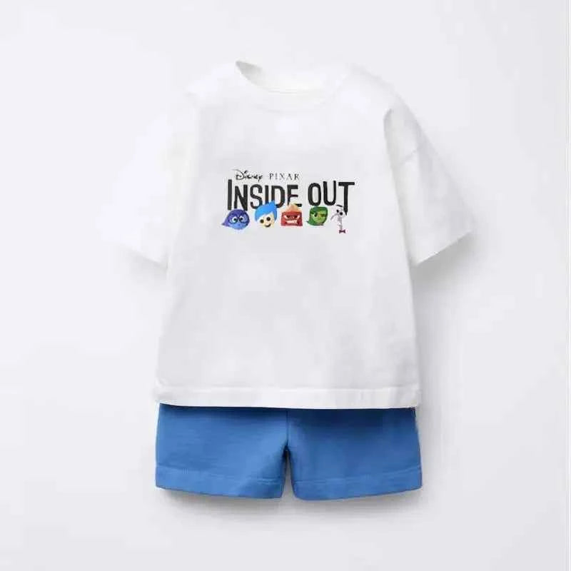 Cotton Inside Out & Mickey Mouse White Tshirts With Blue Shorts Set