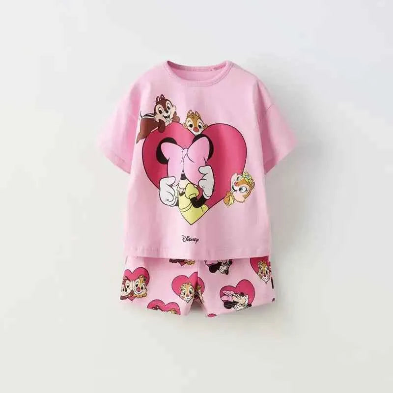 Cotton Minnie Mouse & Chipmunks Heart Print Tee & Shorts Set
