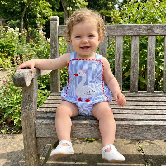 Blue Striped Swan Appliqué Romper With Red Trim