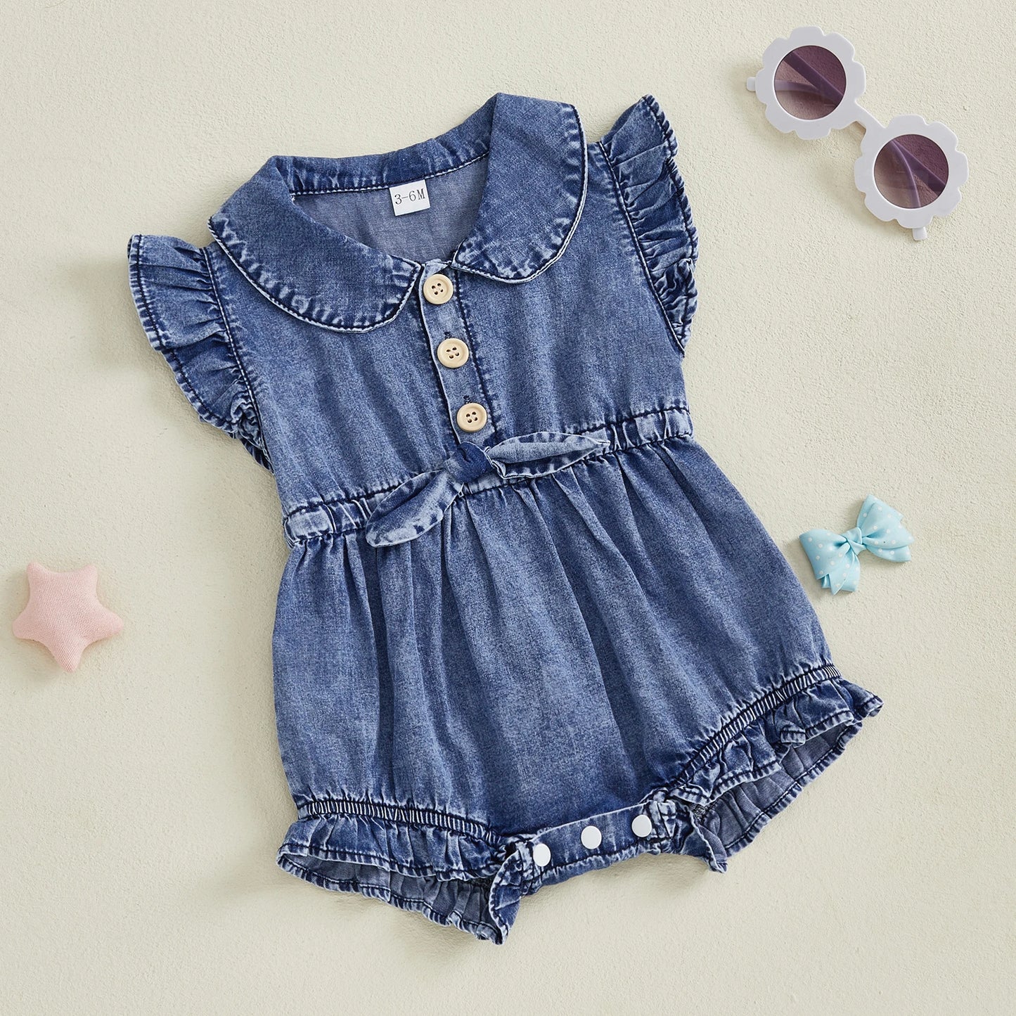 Cotton Denim Button Front Romper With Ruffles