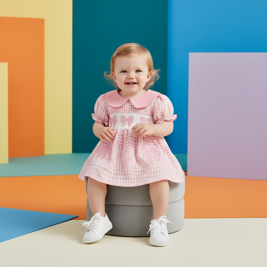 Cotton Pink Gingham Dress With Bow Embroidery & Peter Pan Collar