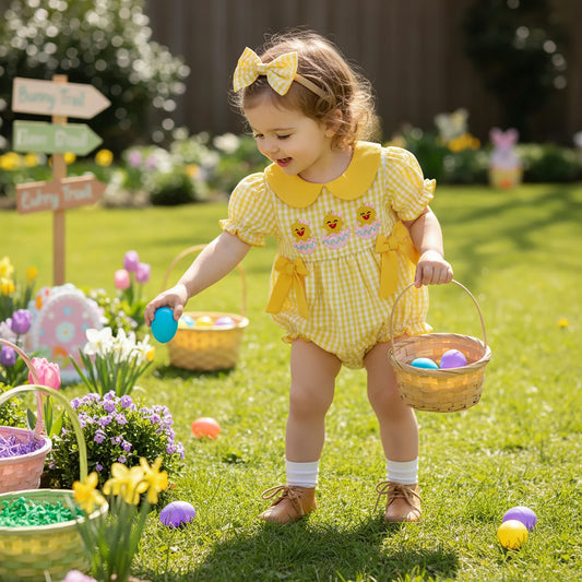 Cotton Yellow Gingham Romper With Bow Headband Set