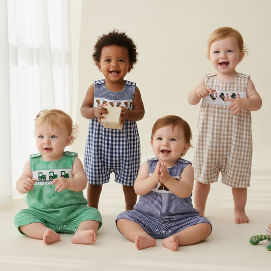 Cotton Gingham Overalls With Farm Animal & Tractor Embroidery