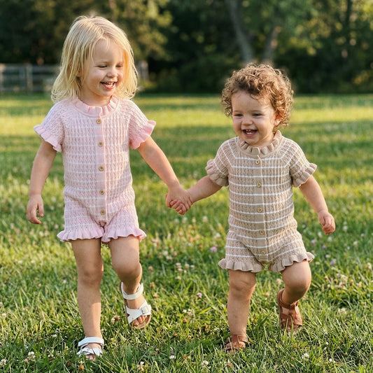 Ruffled Knit Rompers In Pink & Beige Striped Designs