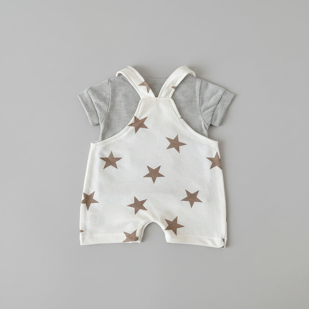 Cotton Striped Tee & Star Print Overall Romper Set