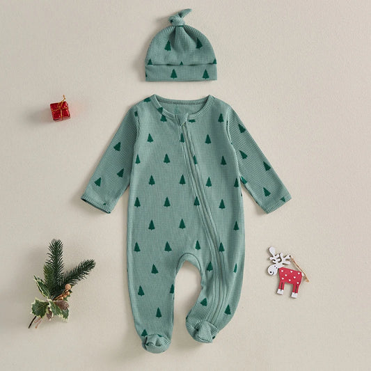 Cotton Waffle Knit Tree Print Footed Romper & Knot Hat Set