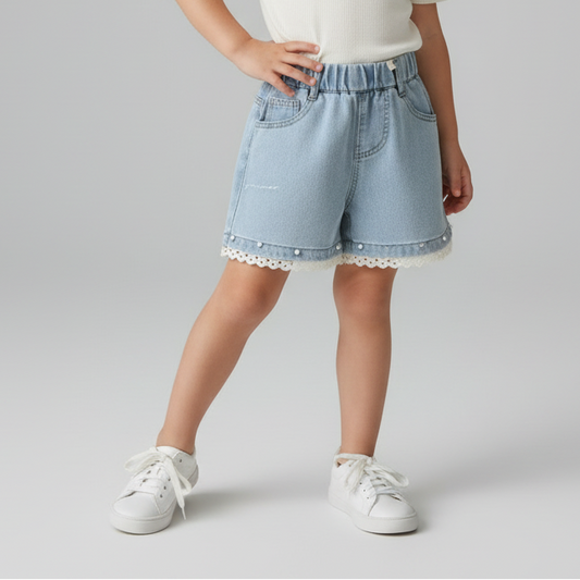Denim Shorts With Lace Trim & Pearl Details