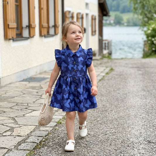 Navy Blue Butterfly Print Button Front Dress