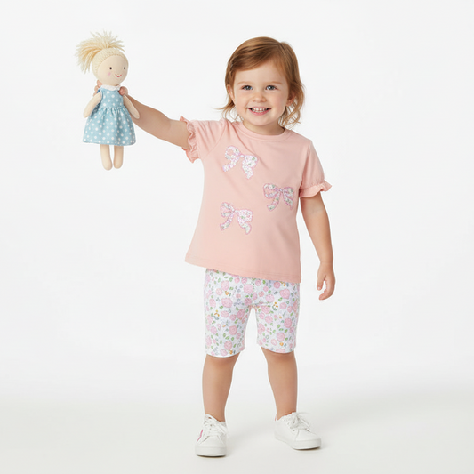 100% Cotton Bow Appliqué Top & Floral Leggings Set