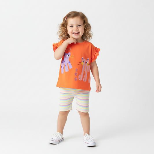100% Cotton Cats Top & Pastel Stripe Leggings Set