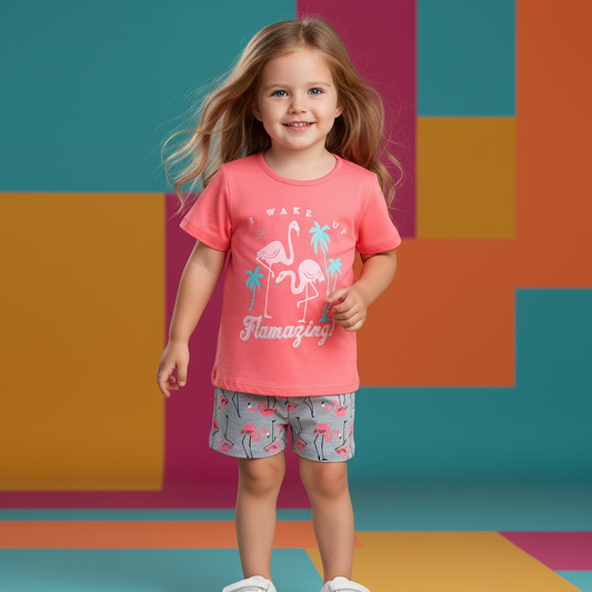 100% Cotton Flamingo Print Tee & Matching Shorts Set