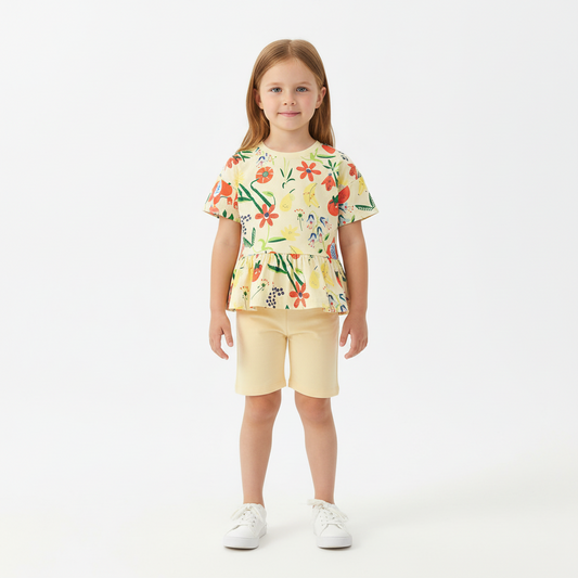 100% Cotton Floral Peplum Top & Beige Shorts Set