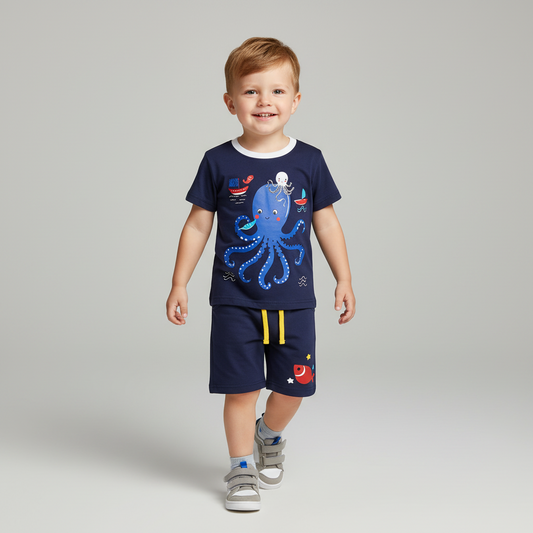 100% Cotton Octopus T-Shirt & Navy Shorts Set