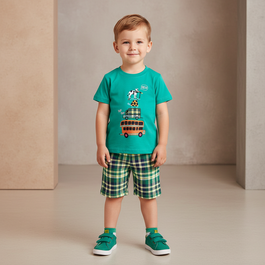 100% Cotton Safari Bus T-Shirt & Plaid Shorts Set
