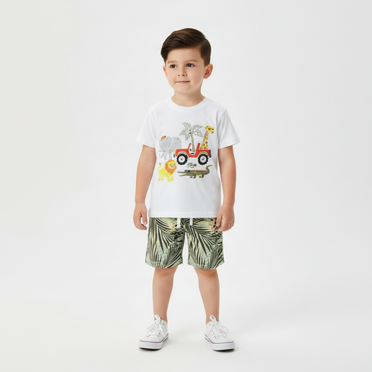 100% Cotton Safari Jeep T-Shirt & Palm Leaf Shorts Set
