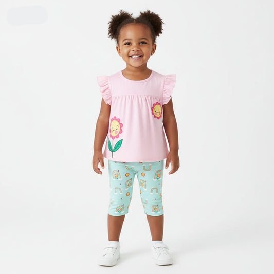 100% Cotton Sunshine Ruffle Sleeve Top & Rainbow Leggings Set