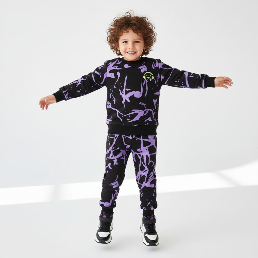 100% Cotton Black Purple Abstract Sweatshirt & Pants Set