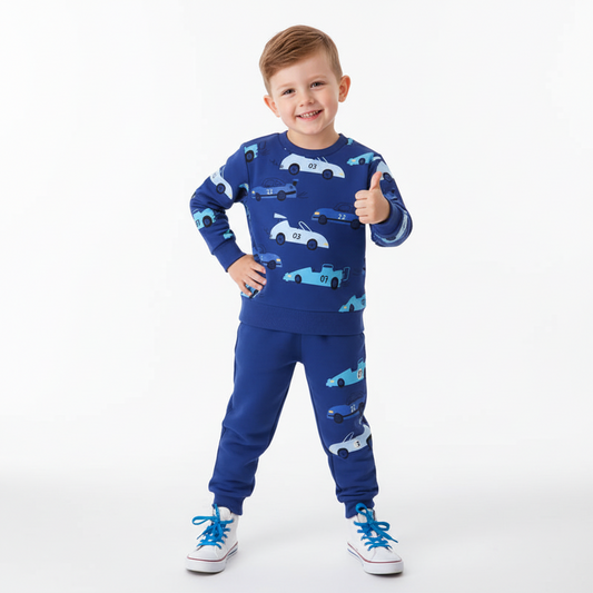 100% Cotton Blue Racing Car Sweatshirt & Pants Set