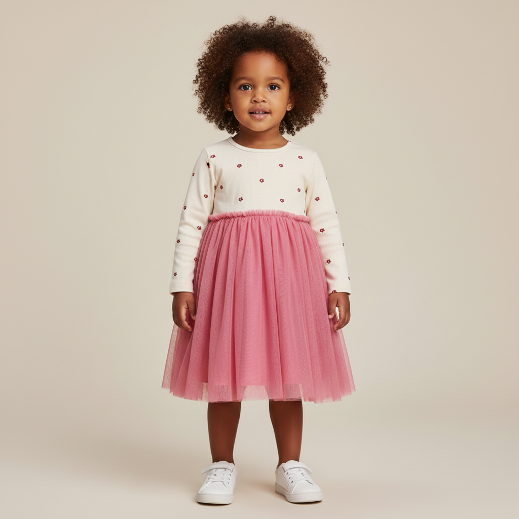 100% Cotton Cream Floral Sweater & Pink Tulle Skirt Dress