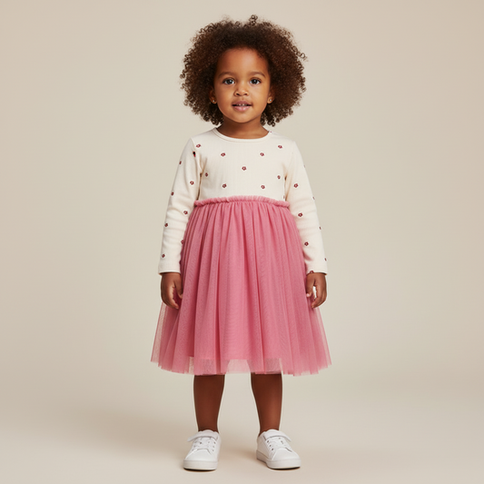100% Cotton Cream Floral Sweater & Pink Tulle Skirt Dress