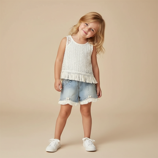 100% Cotton Crochet Fringe Top & Denim Fringe Shorts Set