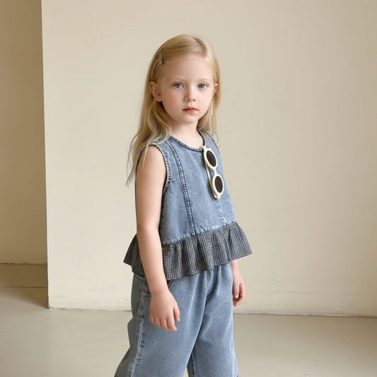Denim Ruffle Top & Gingham Trim Shorts Set