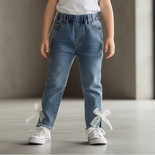 Elastic Waist Denim Jeans Pants With Bow Detail
