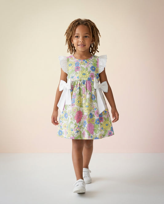 100% Cotton Floral Bow Tie Sleeve Dress