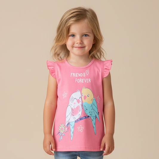 100% Cotton Friends Forever Pink Ruffle Sleeve Top With Birds Print