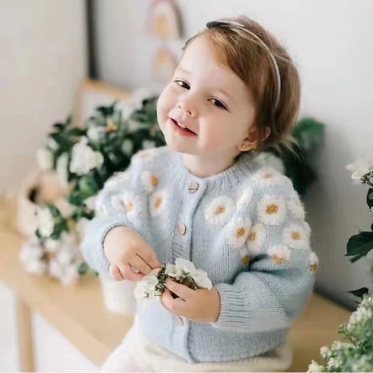 100% Cotton Girls Knitted Daisy Cardigan – Floral Knit Button Sweater