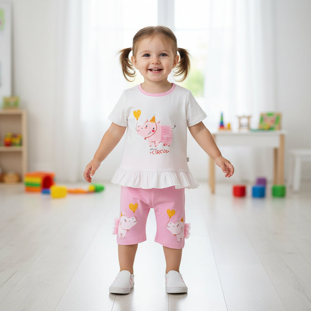 100% Cotton Girls Unicorn Circus Cotton Summer Set – T-Shirt & Capri Pants Outfit